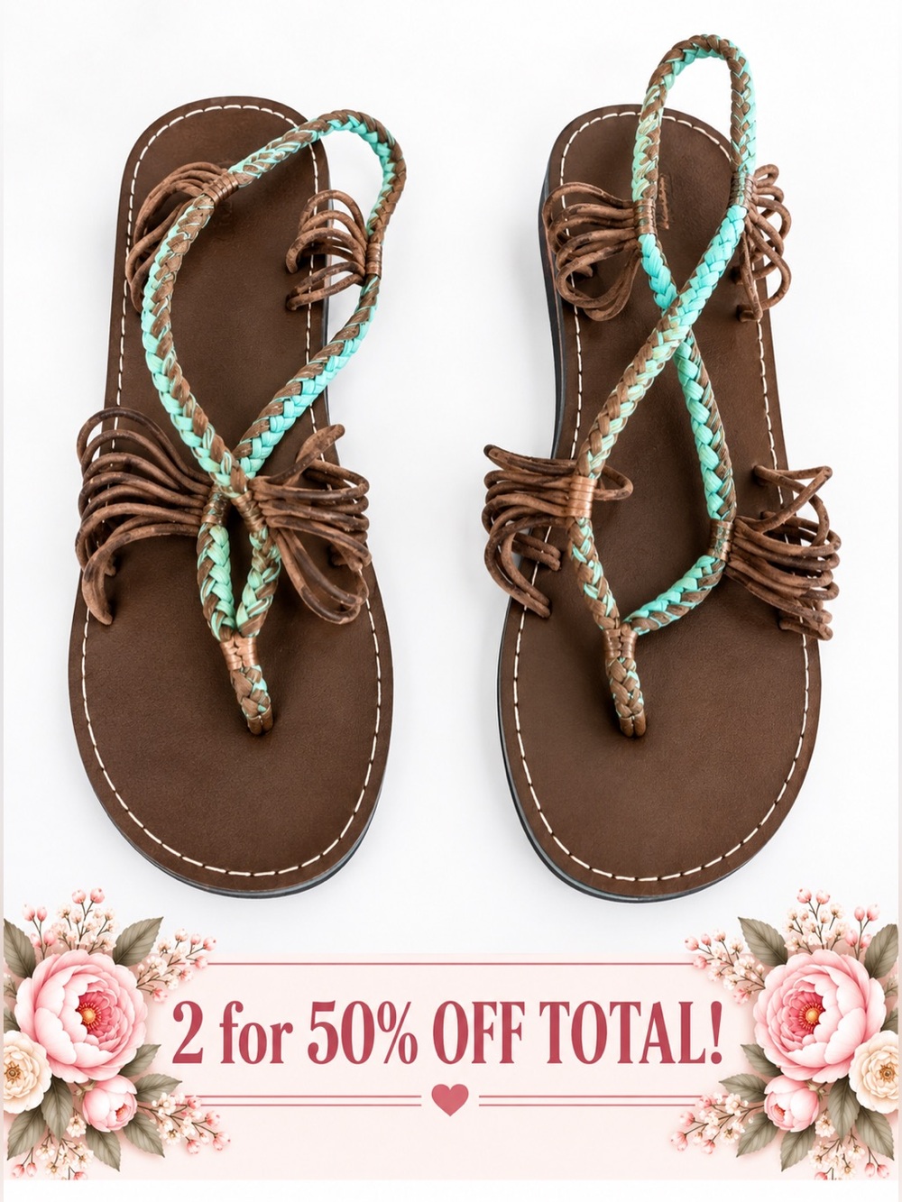 Plaka Seashell Sandals Brown Turquoise Braided Boho Size 8